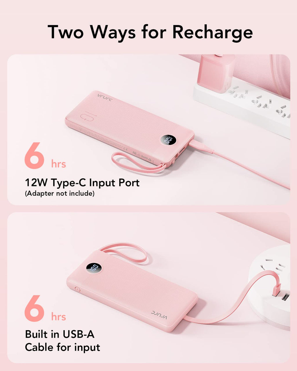 VRURC Portable Charger Power Bank, Built-in 4 Cables & 2 Ports,10000mAh Slim Battery Pack with LED Display, Travel Essential USB C Portable Phone Charger for iPhone 17 16 15, Samsung-Pink(1 Pack)