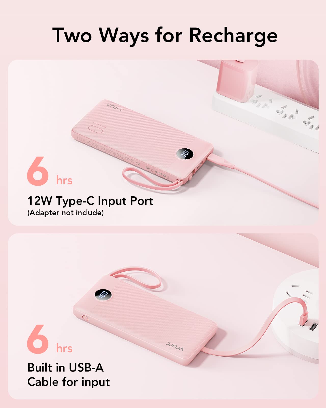VRURC Portable Charger Power Bank, Built-in 4 Cables & 2 Ports,10000mAh Slim Battery Pack with LED Display, Travel Essential USB C Portable Phone Charger for iPhone 17 16 15, Samsung-Pink(1 Pack)