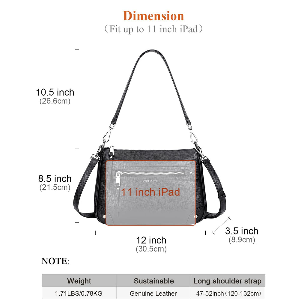 Over Earth Soft Genuine Leather Crossbody Bags for Women Medium Shoulder Purses Hobo Handbags with Multi Pockets(O190E Black)