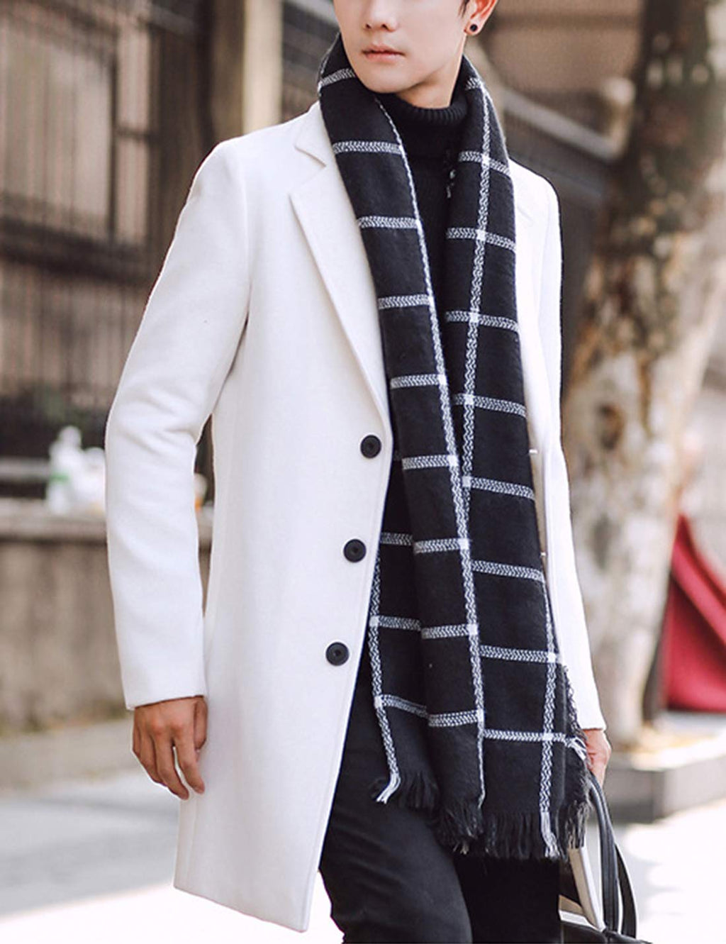 Springrain Men's Wool Blend Pea Coat Notched Collar Single Breasted Overcoat Warm Winter Trench Coat(White-S)