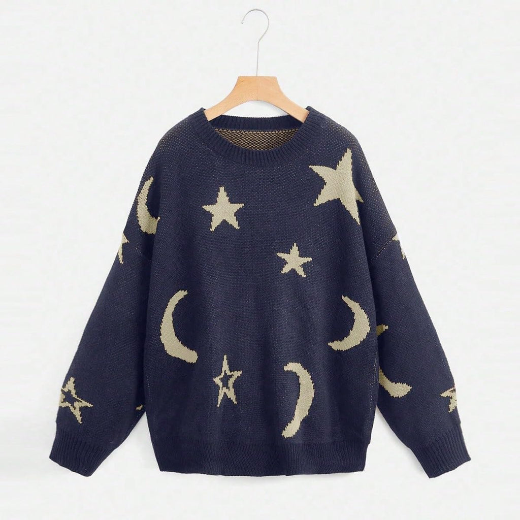 WDIRARA Women's Star Moon Print Long Sleeve Sweater Round Neck Knitted Pullovers Top Deep Blue X-Large