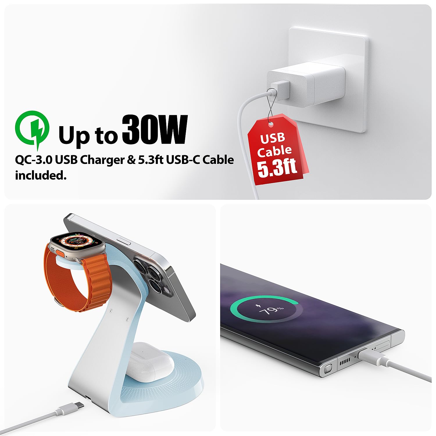 3 in 1 Charging Station for Apple Devices,Mag-Safe Charger Stand Fast Charging,Wireless Charger for iPhone 16/15/14/13/12 Series,& AirPods,& iWatch(USB Charger Included)