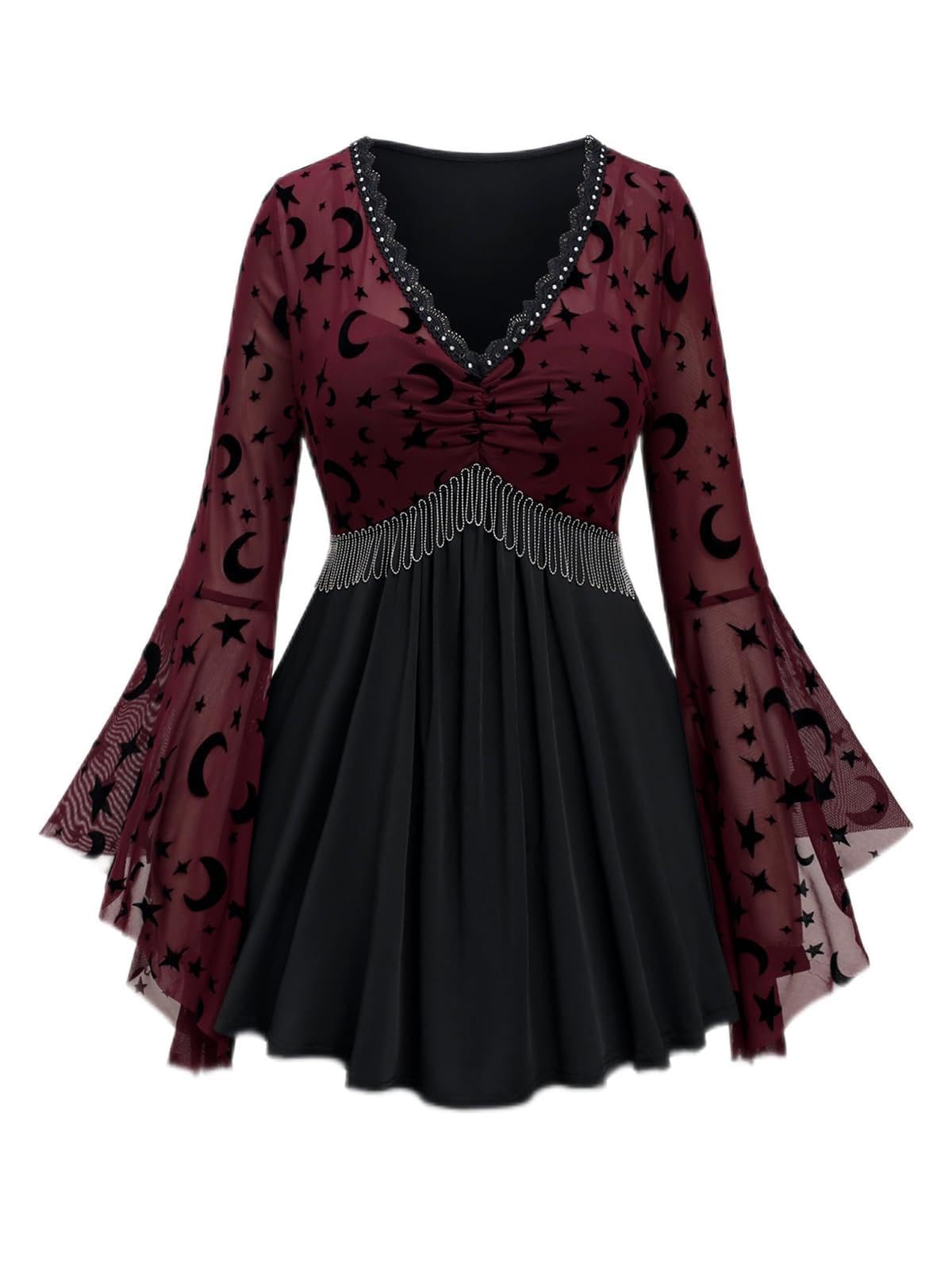 ROSE GAL Women Plus Size Gothic Moon Star Mesh Panel Bell Sleeves Chain Tassel T-Shirt Punk Gothic Flare Sleeves Top Costume Top(Deep Red_1/4X)