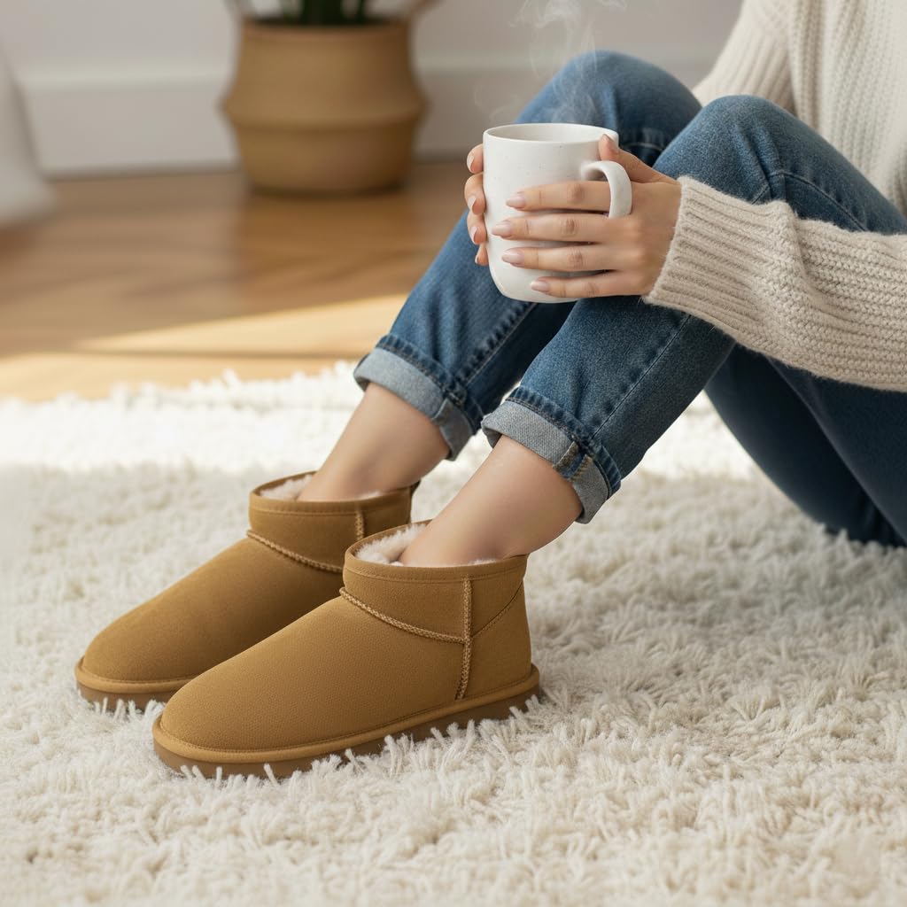 CUSHIONAIRE Hip 2 Genuine Suede Ankle Boots for Women, Cozy Faux Shearling Lining Pull On Winter Womens Boots, CHESTNUT 8.5