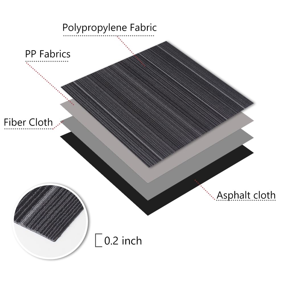 LITA Carpet Tiles Reusable 24" x 24" Squares Indoor/Outdoor 0.25" Pile Height Loop Pile, Non Slip Easy DIY Installation Peel and Stick Carpet Tile, Black, (18 Tiles) (72 sqft/Box)