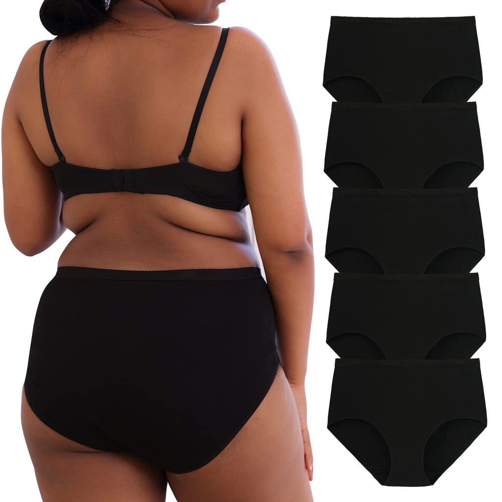 INNERSY Plus Size XL-5XL Big Curvy Woman Cotton Underwear High Waist Briefs 5-Pack(Black,4X-Large)