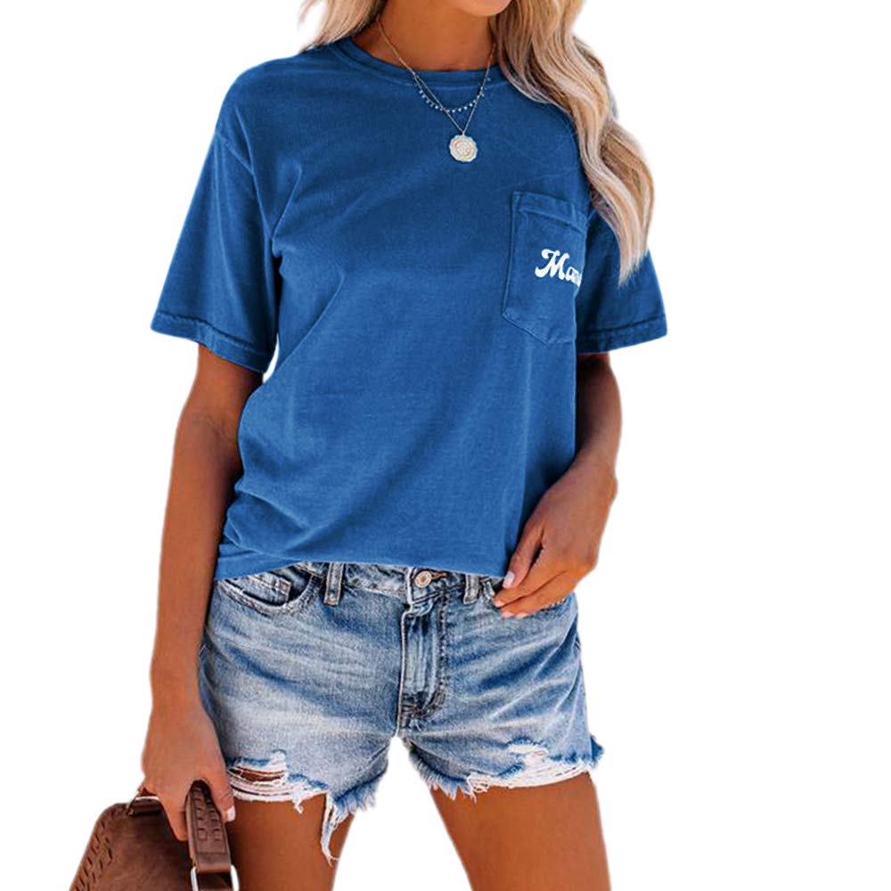 NIUBIA Women's Letter Print Basic Crew Neck Tee Summer Short Sleeve T-Shirt with Pockets Loose Fitting Tops Blue