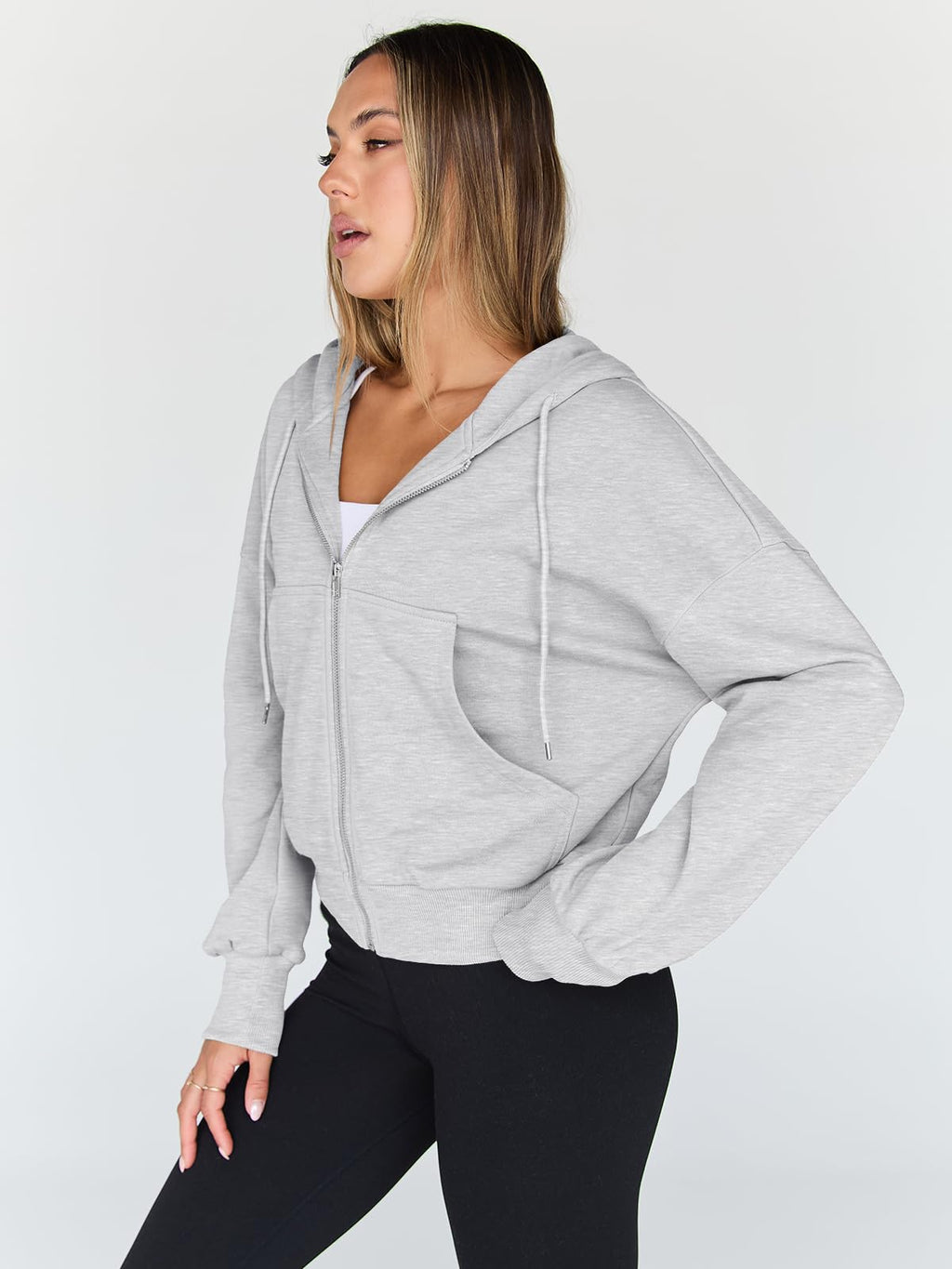 Trendy Queen Hoodies for Women Full Zip Up Cropped Sweatshirts Jackets Casual Comfy Gym Tops Fall Outfits Winter Clothes 2026 Cute Y2k Fleece Sweaters Teen Girls Pullover Grey M