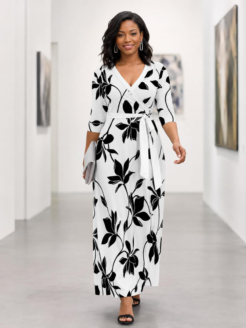 PinkPatty Plus Size Maxi Dresses for Women Casual Flowy Long Dress 3/4 Sleeve V Neck Wrap Dress with Belt(Black White 2XL)