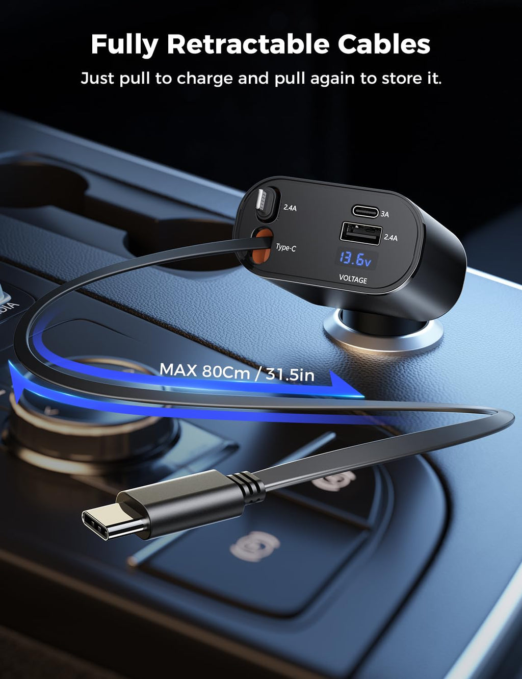 SUPERONE Retractable Car Charger for iPhone with Dual Type C Cables, 4 in 1 USB C Car Charger Adapter with 69W Fast Charging Compatible with iPhone 17 16 15 14 13 12 11 Pro/XS/XR/SE/iPad/Airpods