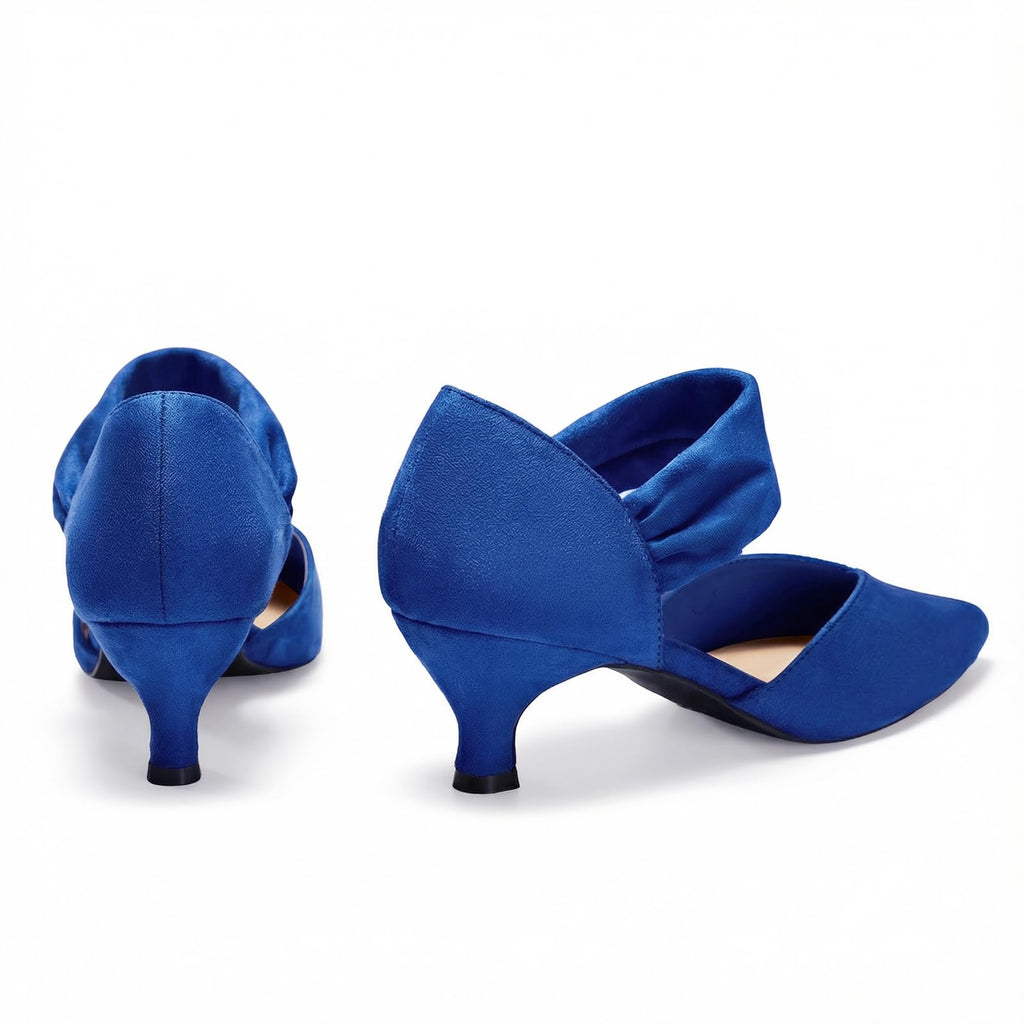 GotSoft Womens Low Kitten Heels Pointed Toe Slip on Pumps Ankle Strap Elegant Party Wedding Dress Shoes, Suede Blue, Size 8.5