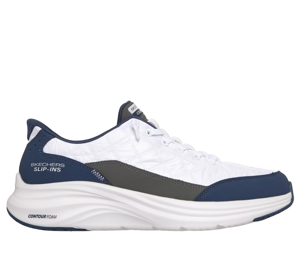 Skechers Men's Contour Foam Cozy Fit Hands Free Slip-in Sneaker,White/Navy,9 Wide