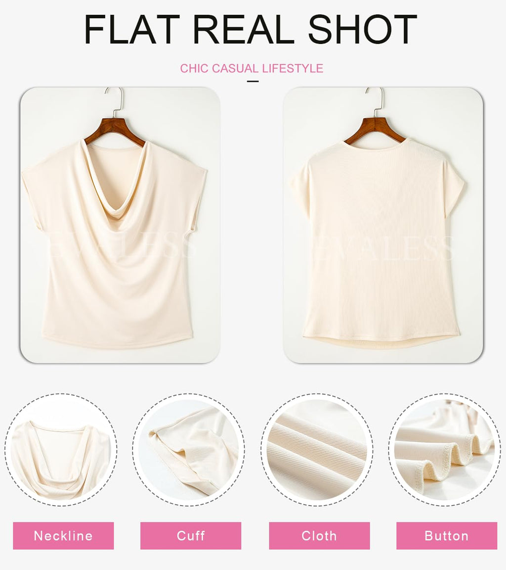 EVALESS Womens Tops Holiday Outfits for Women Fashion 2026 Elegant Cowl Neck Short Sleeve T Shirts Apricot Blouses for Women Dressy Casual Sexy Off Shoulder Summer Clothes Basic Teacher Shirts, Medium