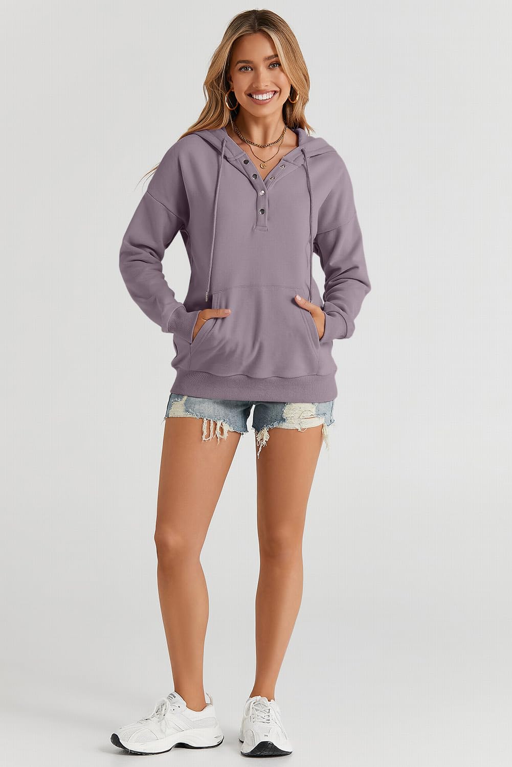 Dokotoo Oversized Sweatshirt for Women Winter Clothing Drawstring Womens Hoodies Button Collar Fleece Long Sleeve with Pockets Hooded Pullover Casual Loose Fit Cute Hoodie Tops Shirts Purple Small