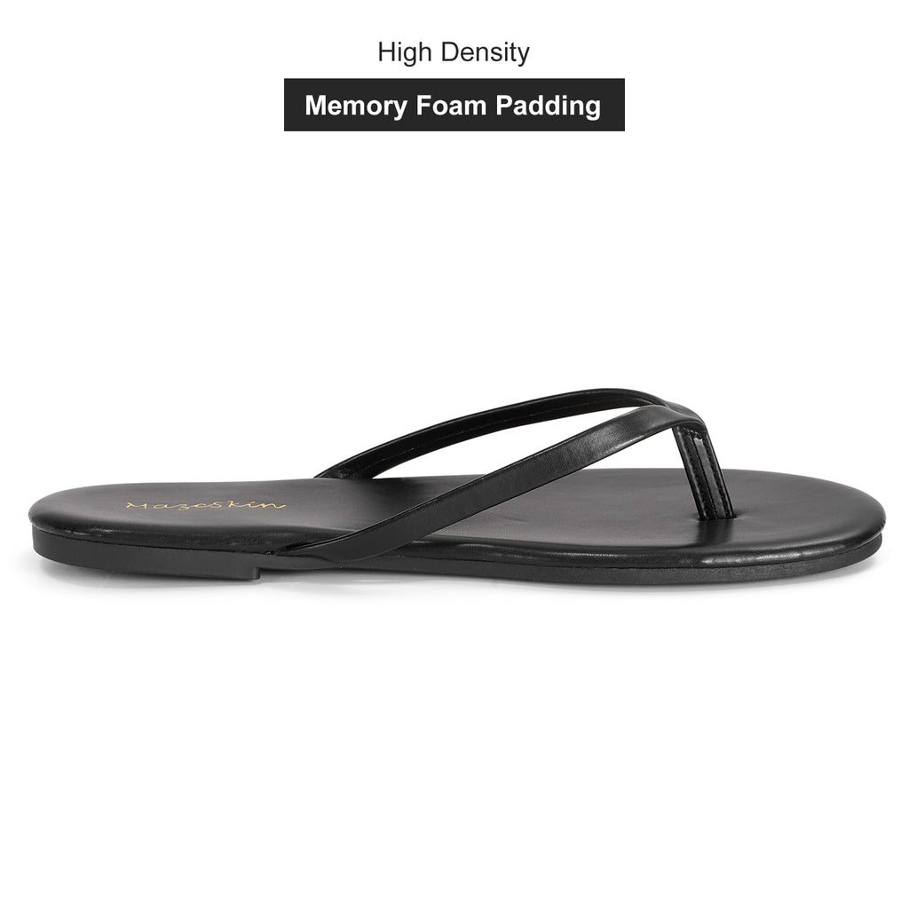 mazeskin Women's Memory Foam Comfortable Flat Thong Sandals Dressy Summer Beach Leather Slide Flip Flops,Black US8