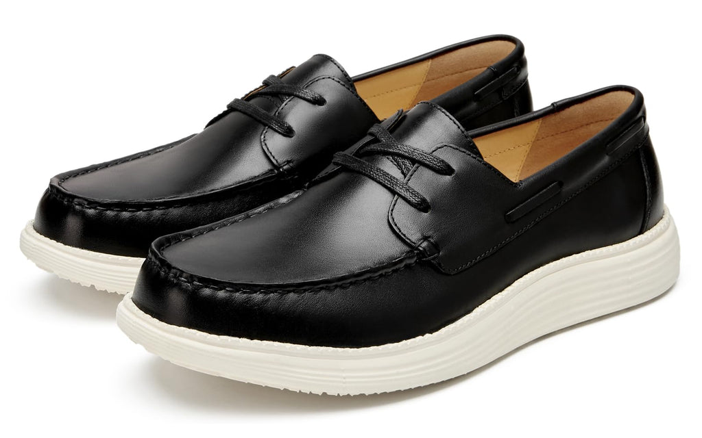 Journey West Men's Lightweight Leather Boat Loafers Dress Sneakers, Business Casual Slip-on Loafers Shoes, Genuine Leather Breathable Walking Shoes Black US 10