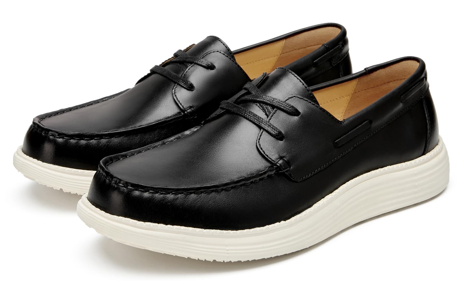 Journey West Men's Lightweight Leather Boat Loafers Dress Sneakers, Business Casual Slip-on Loafers Shoes, Genuine Leather Breathable Walking Shoes Black US 10