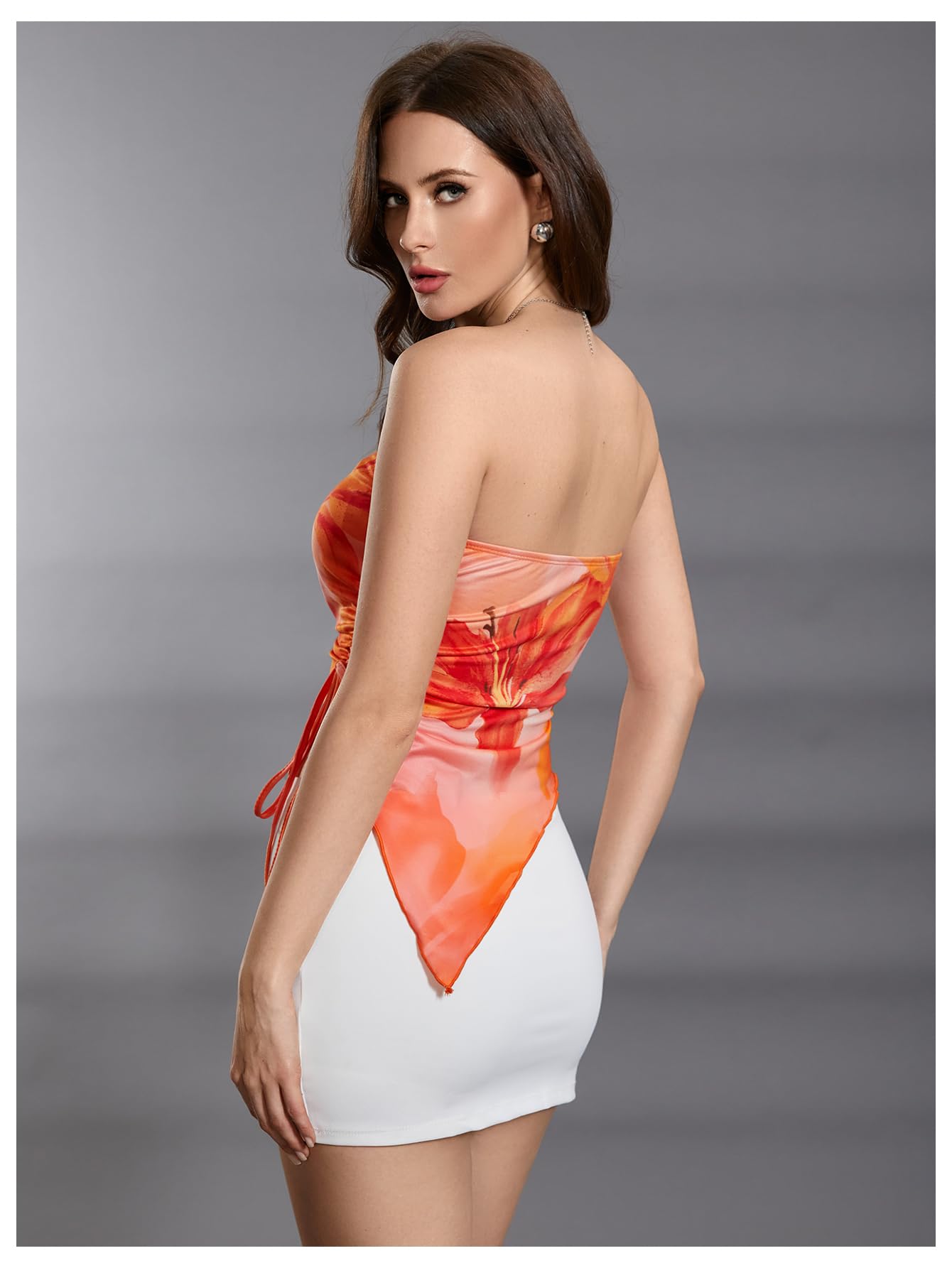 WDIRARA Women's Floral Mesh Strapless Side Ruched Tube Top Asymmetrical Hem Bandeau Crop Tops Orange X-Large
