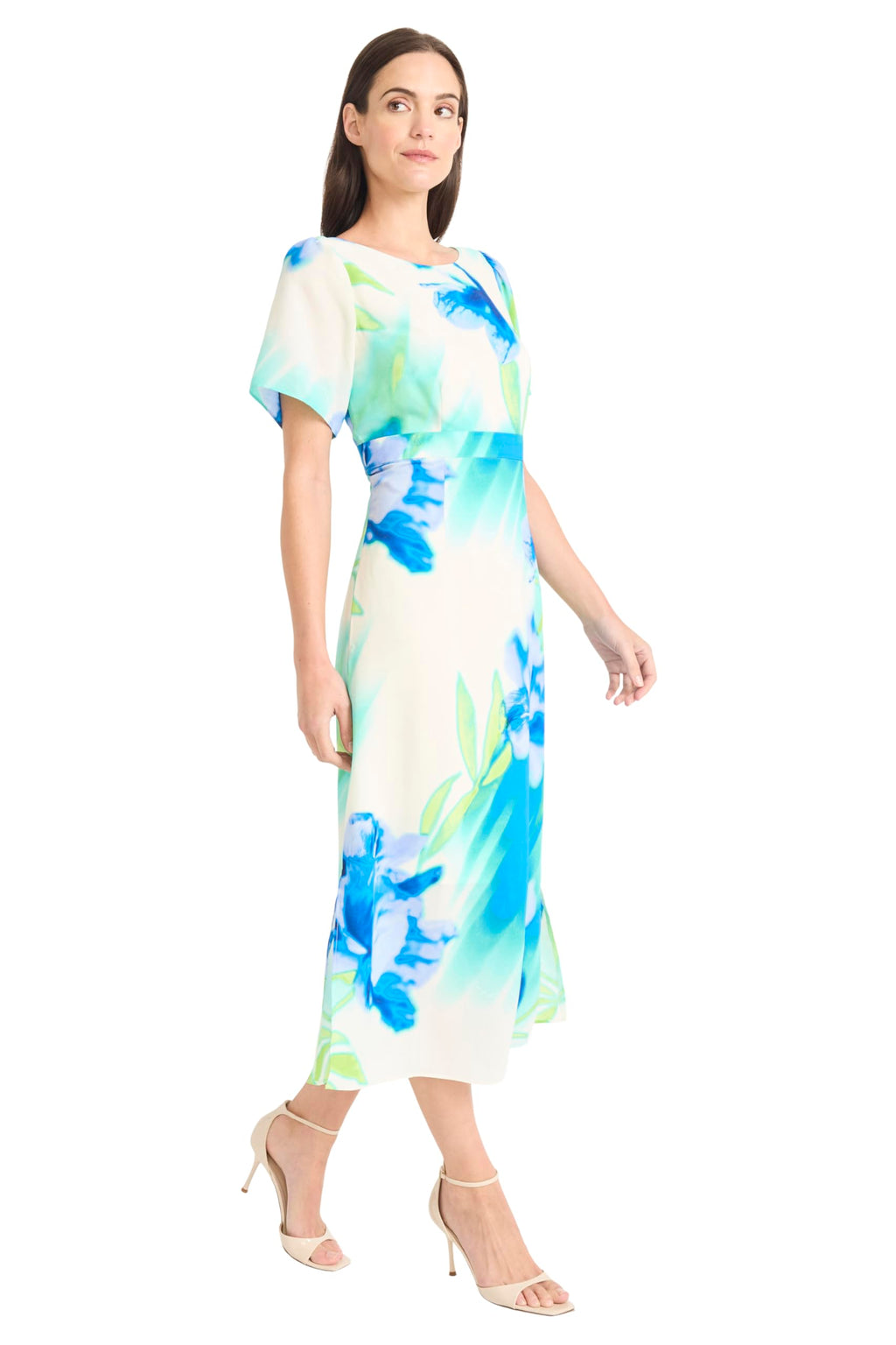 Maggy London Women's Dresses Women's Floral Printed Midi Cocktail Dress with Boat Neckline and Empire Waist - Wedding Guest Ready, Ivory/Blue, 0