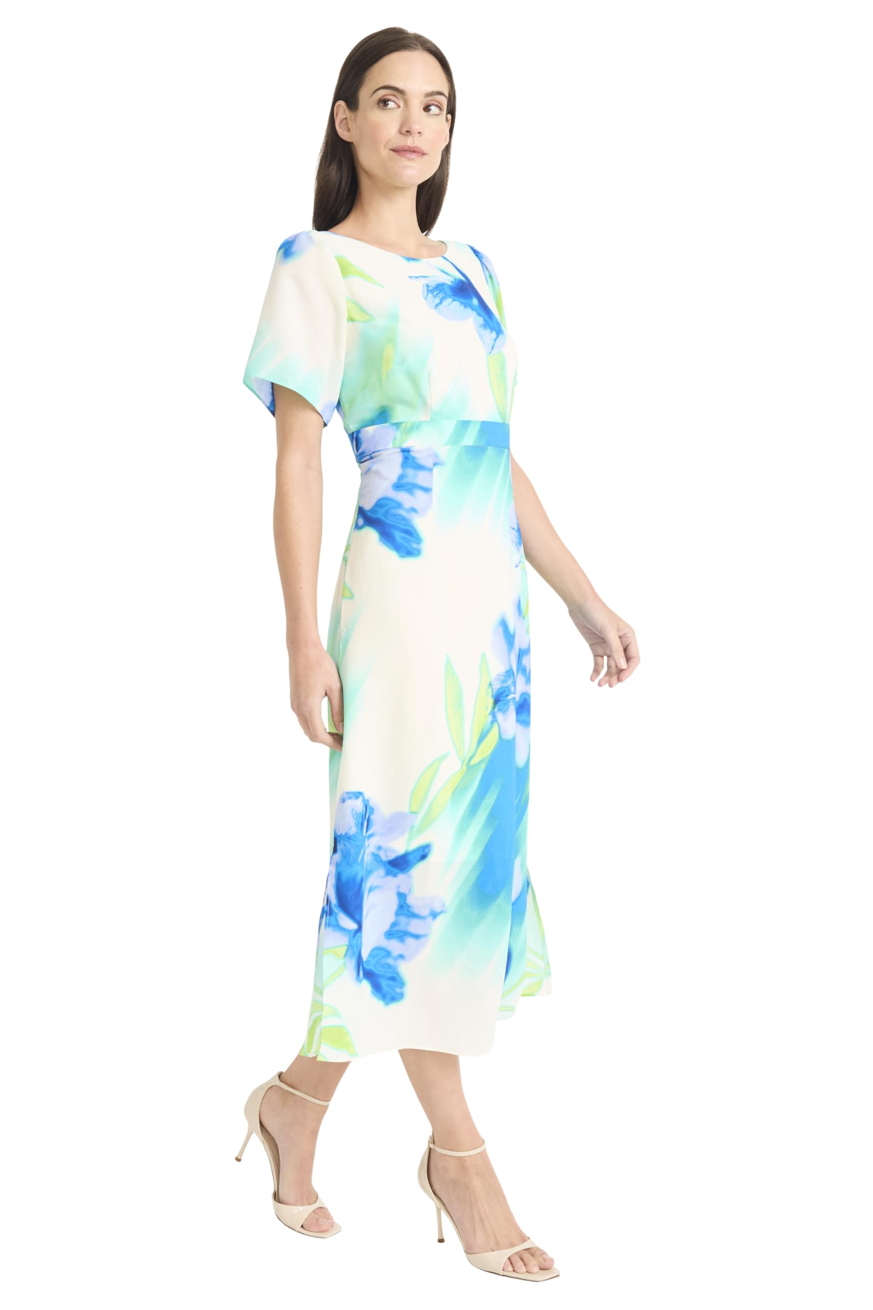 Maggy London Women's Dresses Women's Floral Printed Midi Cocktail Dress with Boat Neckline and Empire Waist - Wedding Guest Ready, Ivory/Blue, 0