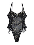 Lilosy Women Sexy Lace Up Floral Embroidered Teddy Babydoll Lingerie Bodysuit Top Mesh Sheer One Piece See Through Butterfly Black Medium