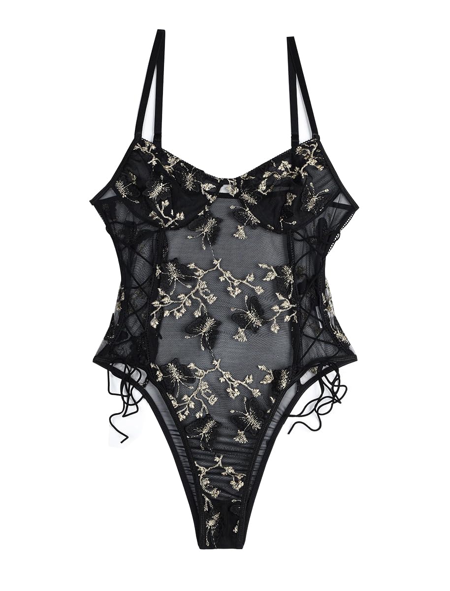 Lilosy Women Sexy Lace Up Floral Embroidered Teddy Babydoll Lingerie Bodysuit Top Mesh Sheer One Piece See Through Butterfly Black Medium