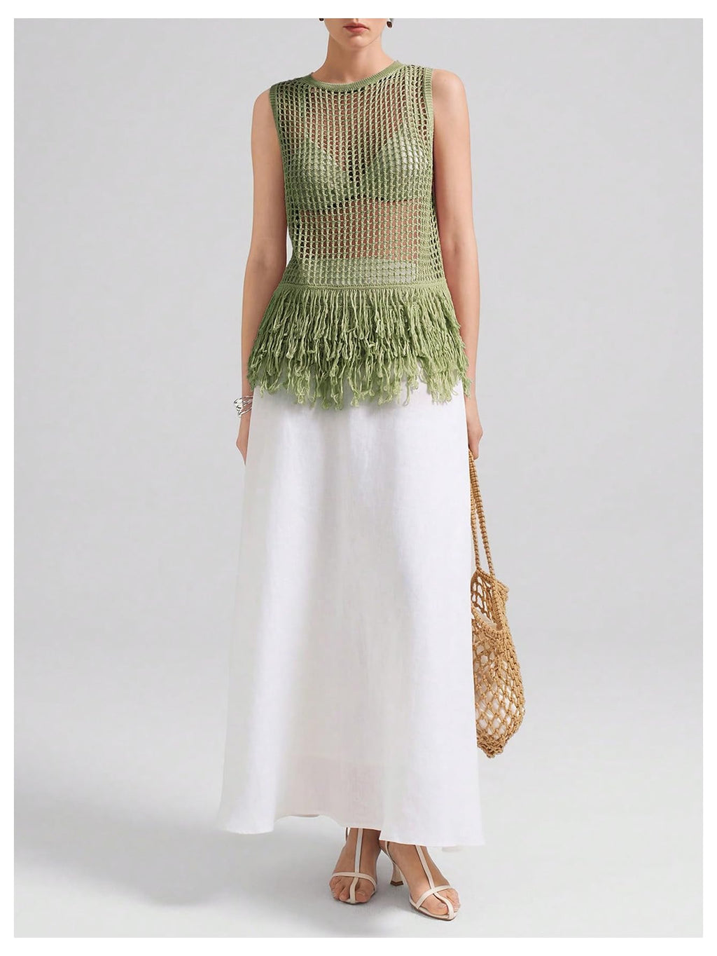 Milumia Women's Hollow Out Fringe Knitted Tank Top Sexy Sheer Sleeveless Long Sweater Vests Army Green Small