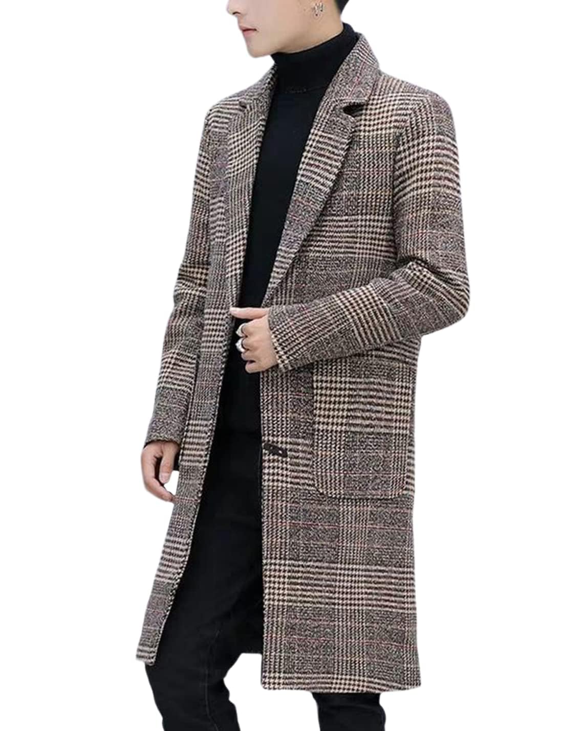 Springrain Men's Wool Blend Pea Coat Notched Collar Single Breasted Overcoat Warm Winter Trench Coat(Khaki-S)
