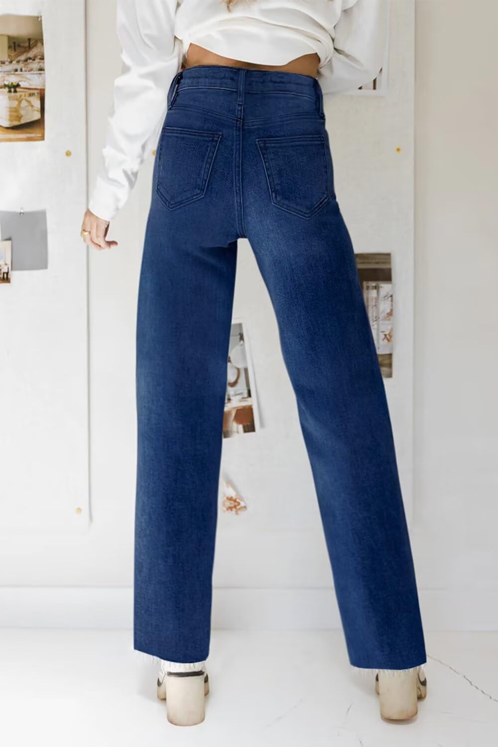 KDF Straight Leg Jeans for Women High Waisted Jeans Frayed Baggy Pants Raw Hem Loose Stretchy Cropped Wide Leg Jeans Dark Blue Size 2