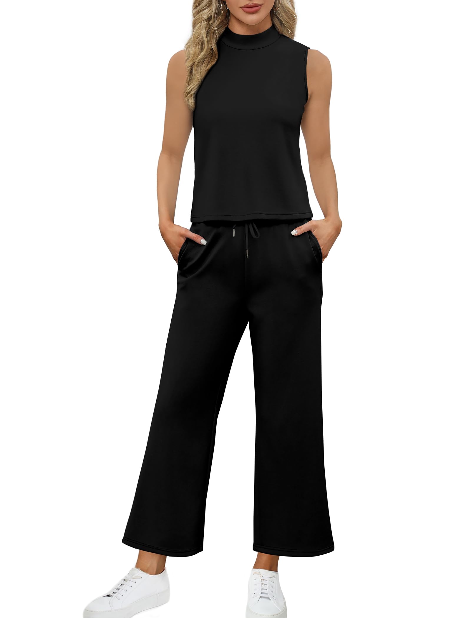 Sampeel Two Piece Set for Women Casual Lounge Sets Summer Outfits Matching Sets Women Fashion Clothing Business Casual Vacation Travel Comfiest Airport Outfits Mock Neck Black 2025 M