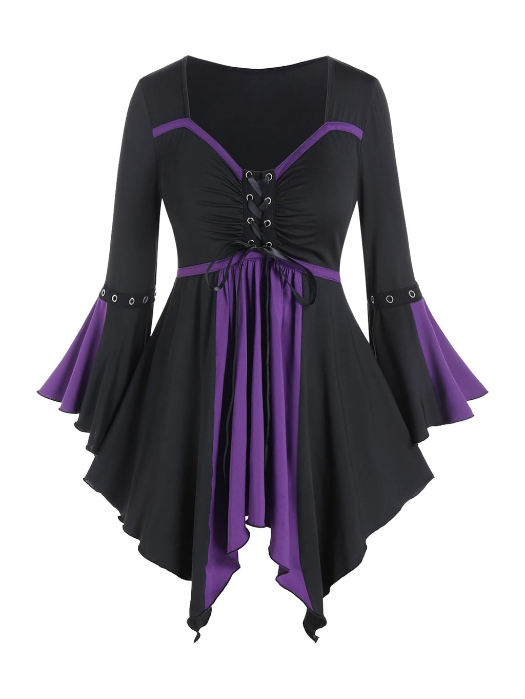 ROSE GAL Rosegal Women Plus Size Gothic Flare Sleeves Lace-up Two Tone Handkerchief Tee Halloween Costume Bell Sleeves Top Colorblock Long Sleeves Gothic Top(Purple_2/3X)