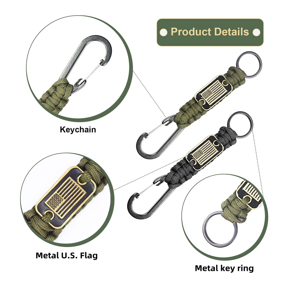 4 Pcs Heavy Duty Paracord Lanyard Keychain with USA Flag, Braided Key Lanyard for Men Long/Short Keychain Lanyards for Keys for Men Neck Buckle with Metal Clip Key Ring for Outdoor Activities Camera