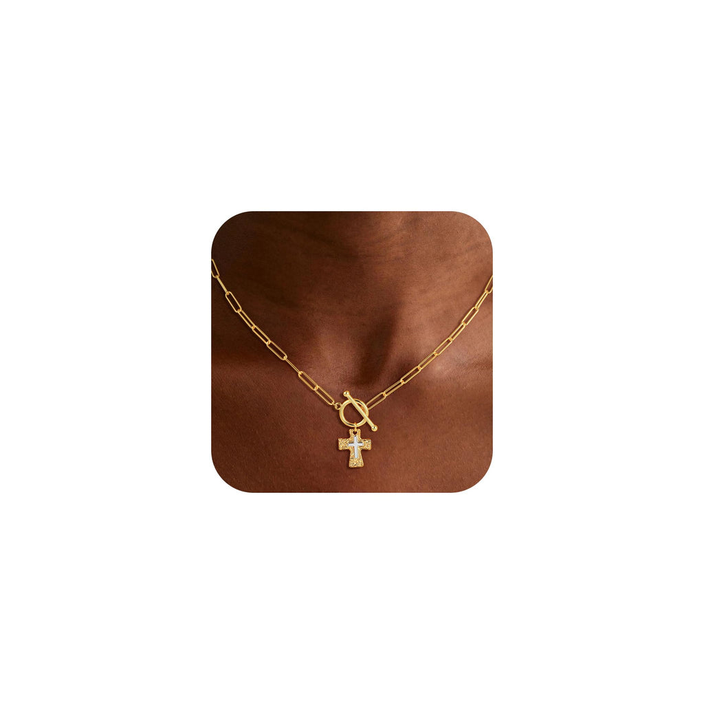 Treasure Bender Cross Necklace for Women Trendy -14K Gold Plated Chunky Gold Silver Cross Pendant Necklace Waterproof Non Tarnish Jewelry Christian Gift for Women