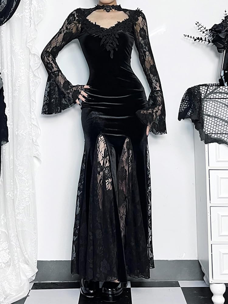 LANSHULAN Gothic Slim Lace Contract Fishtail Long Goth Dress Clothes Black