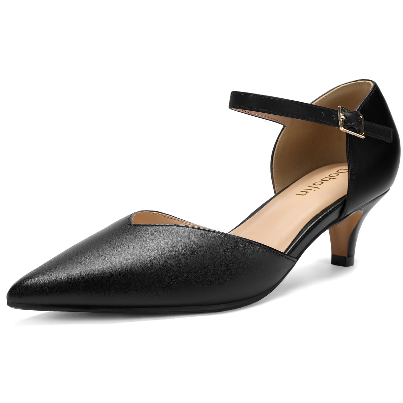 DOBOLIN Comfort Kitten Heels Pumps for Women Low Heels Ankle Strap Elegant Pointed Closed Toe Dress Dance Shoes for Party Wedding, Size 6 Black