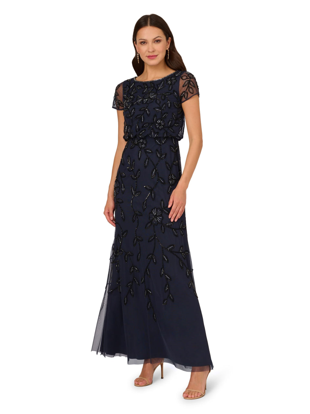 Adrianna Papell Women's Blouson Beaded Long Dress | Formal Beaded Dress with Bloused Bodice & Floral Embellishments