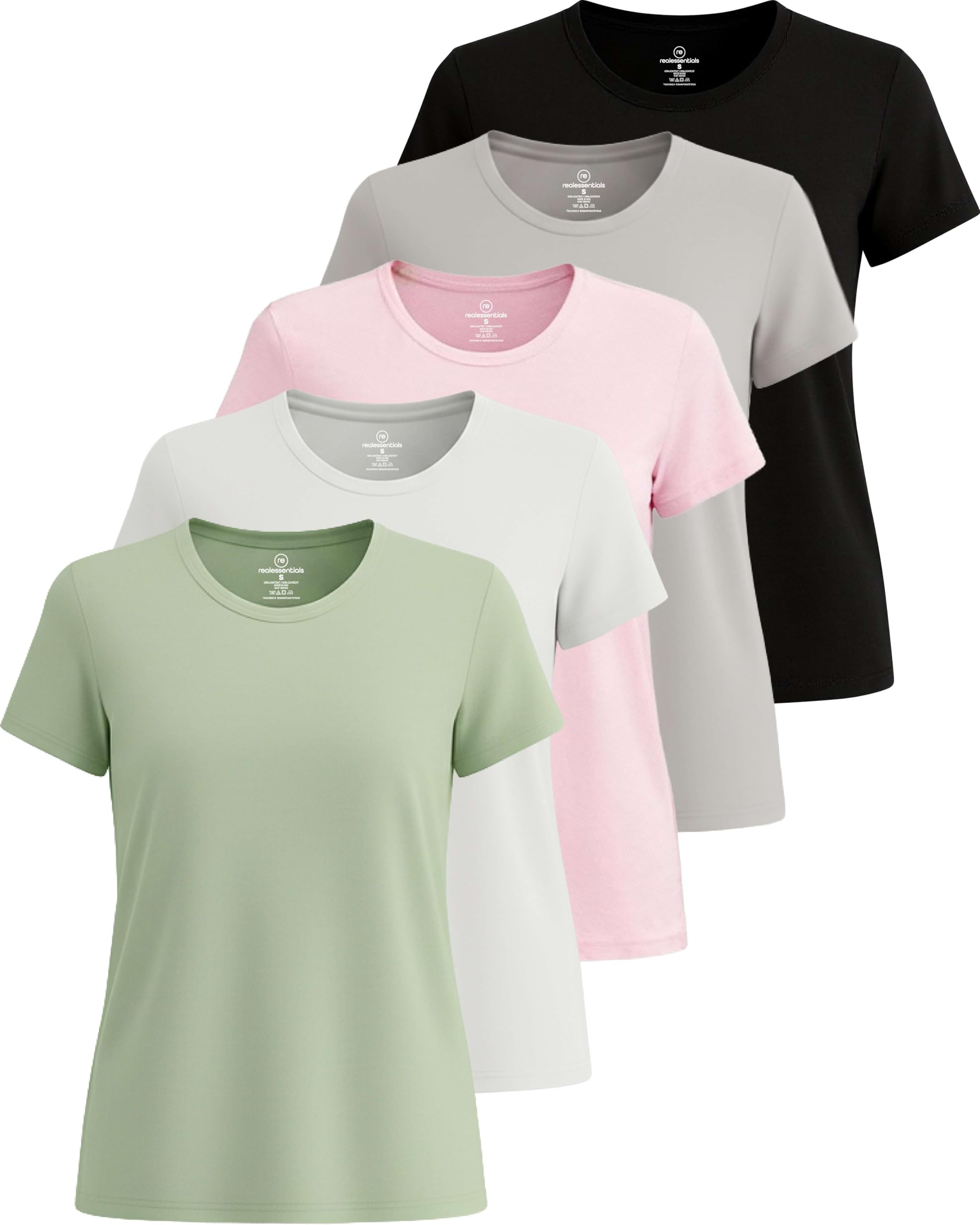 Real Essentials 5 Pack: Women's Short Sleeve T-Shirts Workout Tops Fitness Pilates Gym Activewear Athletic (Plus Available), Set 9, L, Pack of 5
