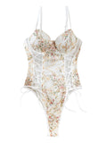 Lilosy Women Sexy Lace Up Floral Embroidered Teddy Lingerie Bodysuit Top Mesh Sheer One Piece Babydoll See Through Underwire Flower White Medium
