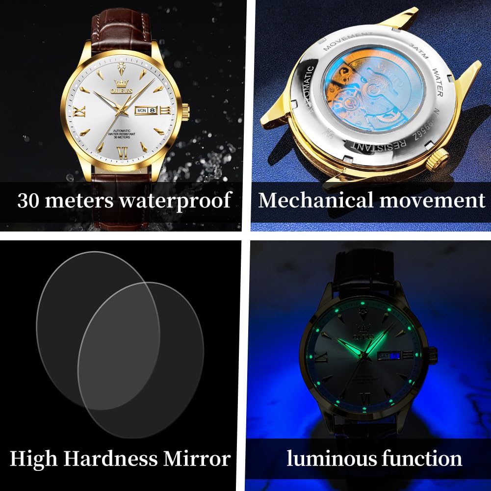 OLEVS Men Watch Brown Leather Automatic Watches for Men Luxury Dress Men's Watch with Date Waterproof Large Face Self Winding Gold Watches for Man