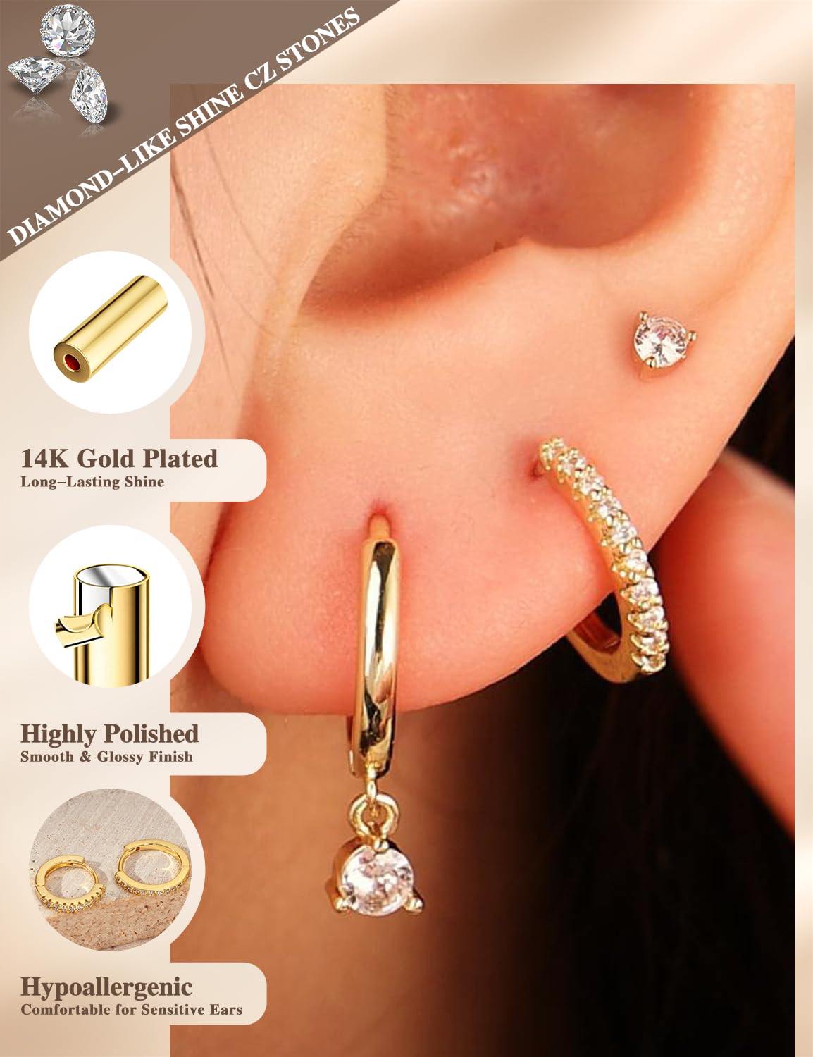 Freekiss Gold Stud Earrings for Women, Dainty Earring Set Simple Tiny 14K Gold Filled CZ Hypoallergenic Huggie Dangle Hoop Earrings Fashion Jewelry for Women Trendy Gifts