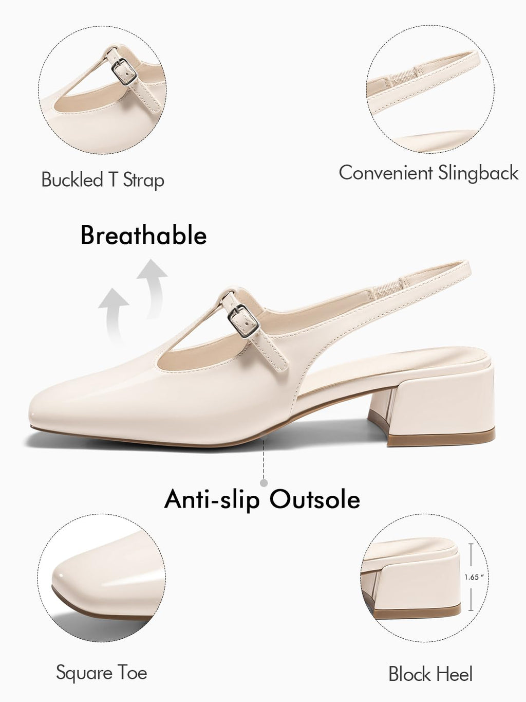 Coutgo Womens Mary Jane Slingback Low Heels T Strap Chunky Heel Closed Toe Pumps Wedding Party Dress Shoes, Beige, Size 6
