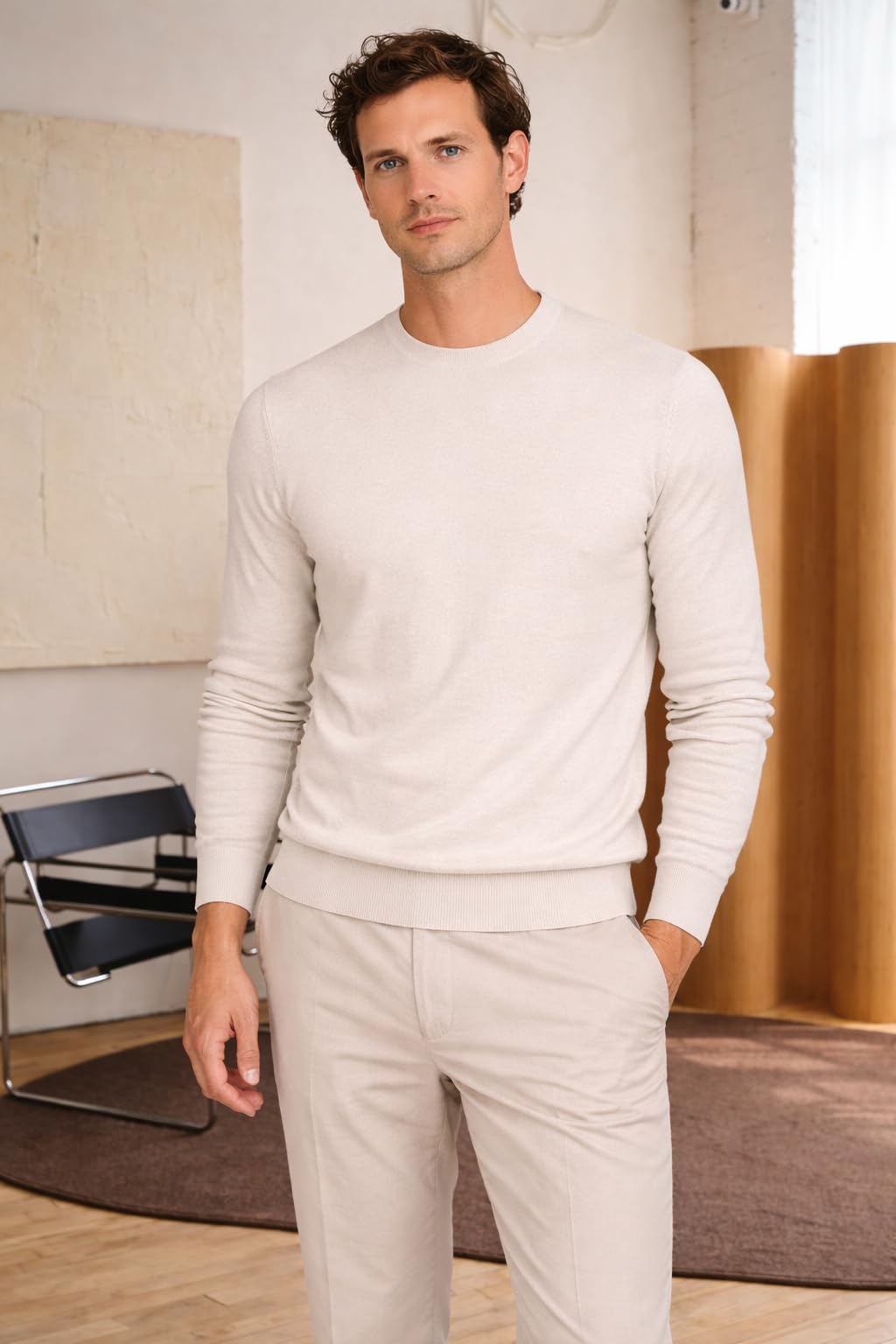 State Cashmere Essential Crewneck Sweater - Long Sleeve Pullover for Men Made with 100% Pure Cashmere Sourced from Inner Mongolia Goats - Soft, Lightweight & Versatile - (Undyed White, Large)