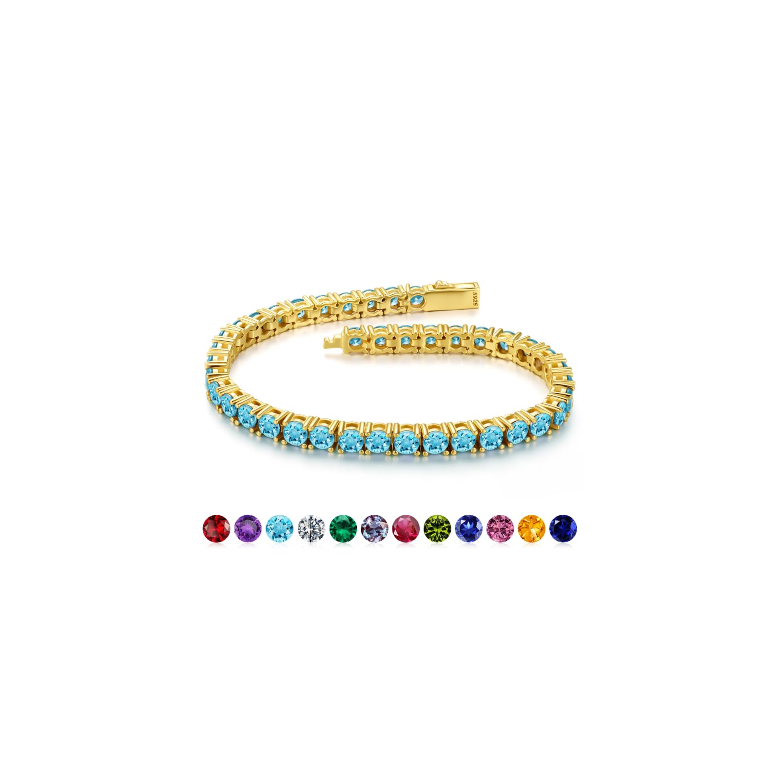 Iefil Simulated Aquamarine Tennis Bracelets for Women - 14K-Gold-Plated March Birthstone Bracelet Sterling Silver, Simulated Aquamarine Jewelry | Anniversary Women Gifts, Size 6.5"