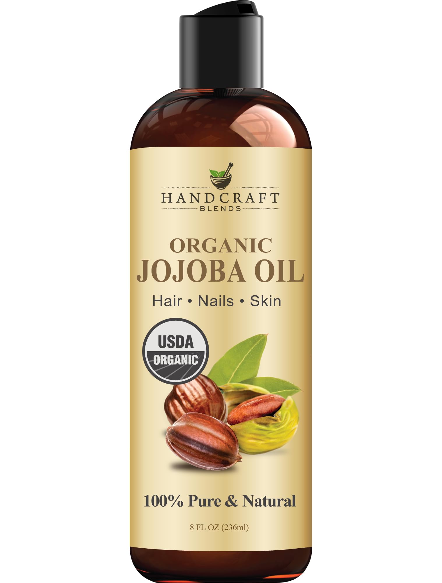 Handcraft Blends USDA Organic Jojoba Oil | Cold-Pressed | 8 Fl Oz | 100% Pure & Natural | for Hair, Skin & Face | Premium Grade Carrier Oil | for Massage & Aromatherapy | Hexane-Free