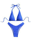 WDIRARA Women's Striped Bikini Sets Halter Thong Swimsuit 2 Piece Bathing Suit Blue Small