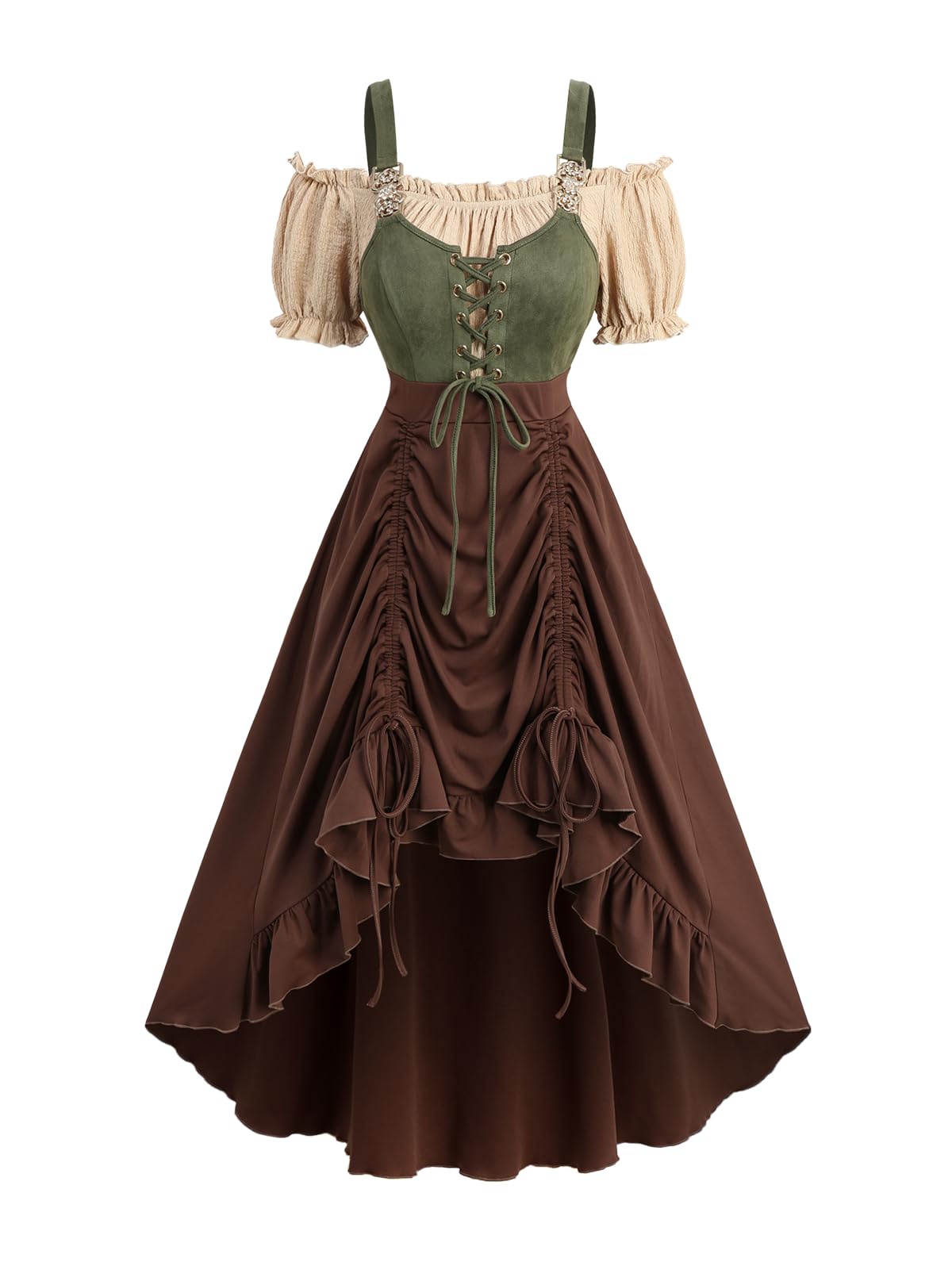 ROSE GAL Plus Size Steampunk Renaissance Costume Dress for Women Cold Shoulder Color Block Lace-up Cinched Ruched Medieval Retro Midi High Low Ren Faire Dress(Coffee/1X)