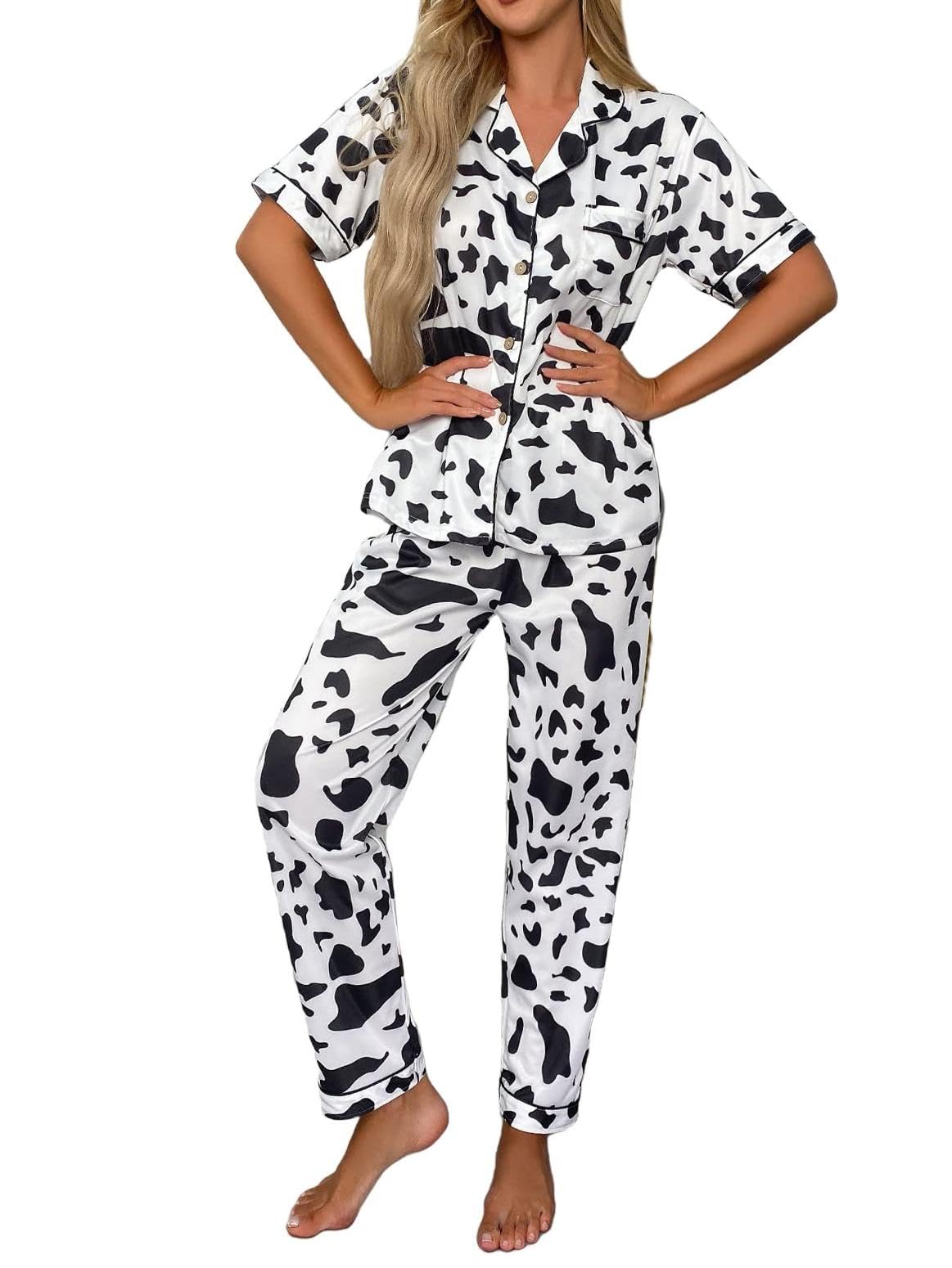 WDIRARA Women's 2 Piece Cow Print Button Down Short Sleeve Top and Pants Pj Set Cow Multicolor Medium