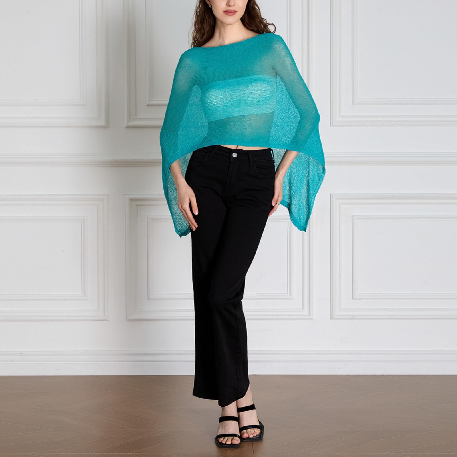 Women Sheer Poncho Top Lightweight Knit Crochet Shrug Bolero Mesh Batwing Sleeve Sweater Cover Up Beachwear