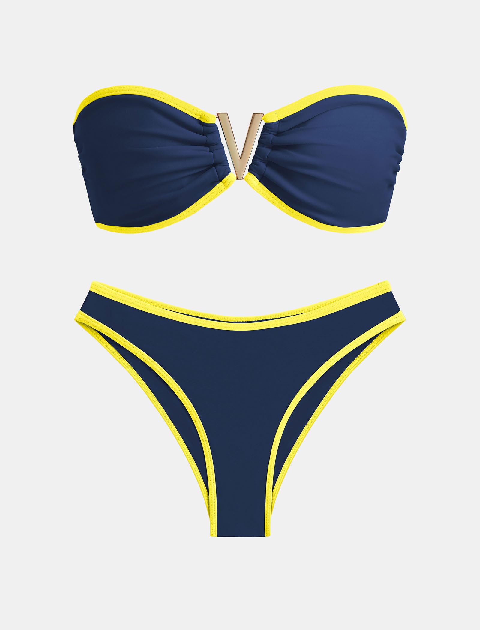 ZAFUL Women's Bandeau Bikini V Strapless Confetti Colorblock Tie Back High Cut Two Piece Swimsuit Bathing Suits (1-Navy Blue+Yellow, M)