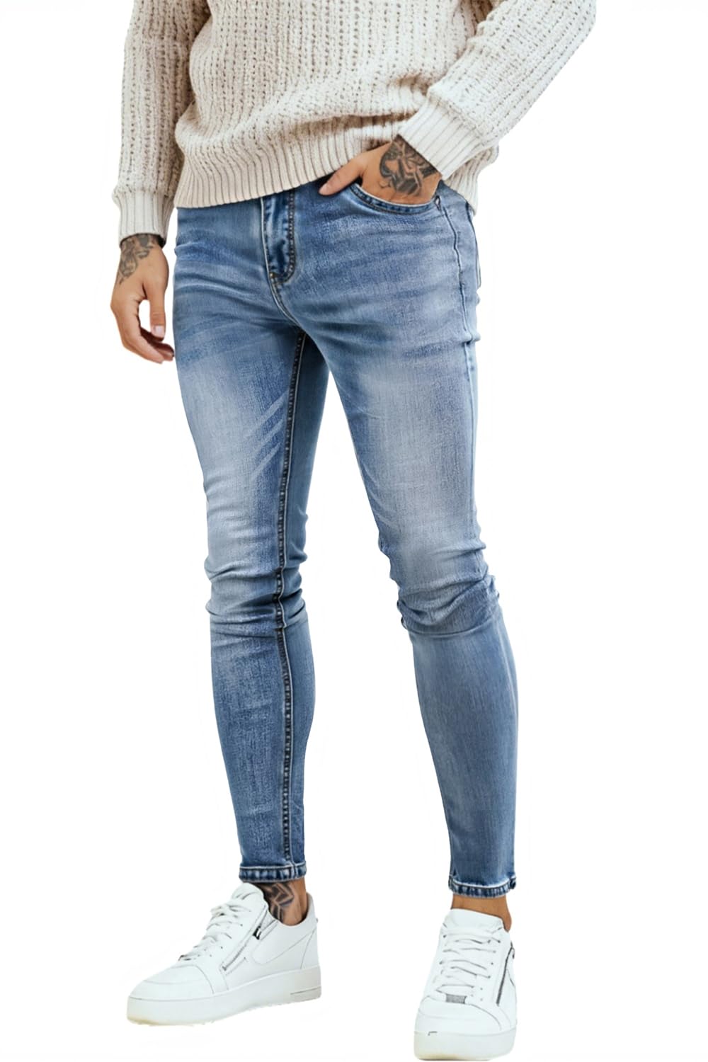 GINGTTO Skinny Jeans Men Slim Fit Stretch Blue Jeans Tapered Leg Elastic Waist 32